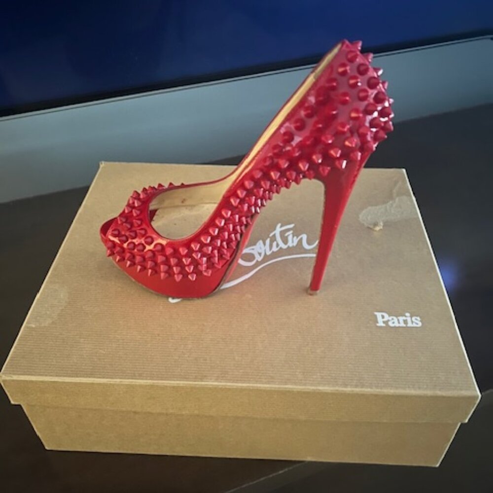 Christian Louboutin spike peep toe platform heels in red